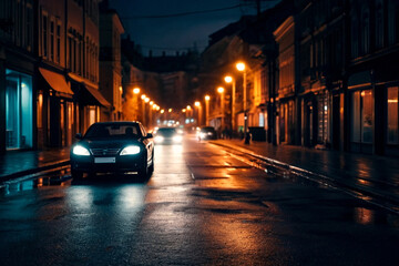 Wall Mural - Abstract motion blur background of night street with car and street lamps. City life, lights from cityscape, style color tone. Concept of abstract stylish urban backgrounds for design. Copy space