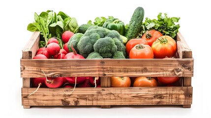 Wall Mural - Assortment of fresh vegetables in a wooden box on a white background