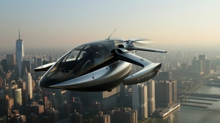 Wall Mural - an innovative flying car soaring above the city skyline, providing a glimpse into the future of urba