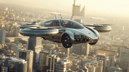 Wall Mural - an innovative flying car soaring above the city skyline, providing a glimpse into the future of urba