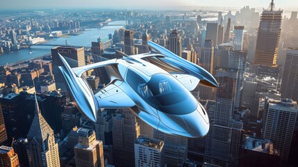 Wall Mural - an innovative flying car soaring above the city skyline, providing a glimpse into the future of urba