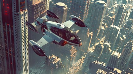 Wall Mural - an innovative flying car soaring above the city skyline, providing a glimpse into the future of urba
