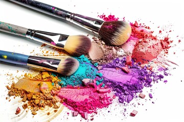 Three makeup brushes covered in vibrant eyeshadow and blush on a white background. Generative AI