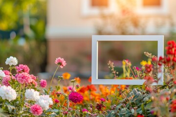 A white frame is placed in a field of flowers