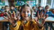 © ProPhotos - The photo shows a young girl with paint splattered hands smiling at the camera in the background of a classroom.