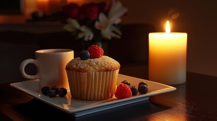 Canvas Print - Cup of coffee muffin with raspberry filling and blueberries on the side, lying on a white plate. A warm yellow candle adds a soft glow to the setting.