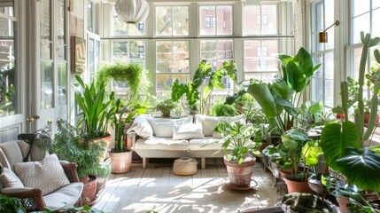 Wall Mural - The bright and airy sunroom is filled with plants, comfortable seating, and natural light, creating an indoor garden oasis