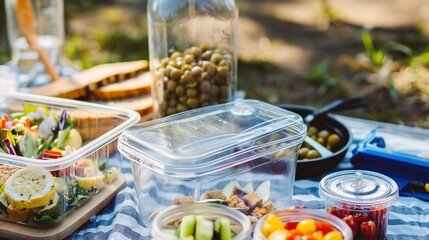 Canvas Print - Close-up of a zero-waste lunch setup with reusable containers, clear focus, bright, natural daylight, picnic setting. 