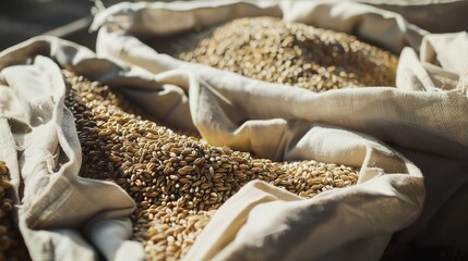 Poster - Macro of unpackaged bulk grains in cloth bags, detailed grain textures, clear focus, soft, market day lighting.