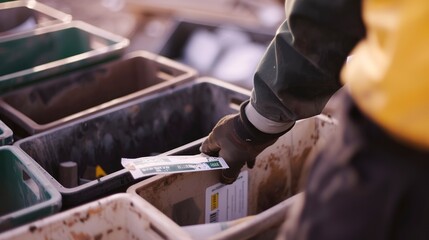 Canvas Print - Macro of a worker labeling different bins for construction waste, detailed focus on labels, natural, outdoor light