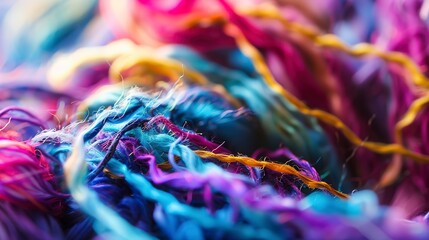 Poster - Macro of intertwined fabric yarns made from recycled textiles, vibrant colors, focused detail, soft studio lighting. 