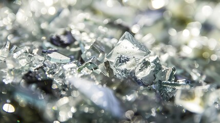 Wall Mural - close view of crushed glass ready for recycling, focus on sparkling textures, sharp, clear daylight.