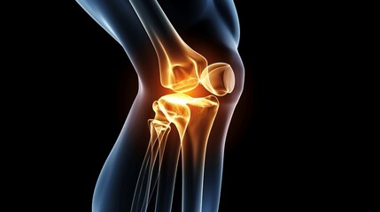 Wall Mural -  3D X-ray of a human knee with a glowing pain spot on the knee joint.