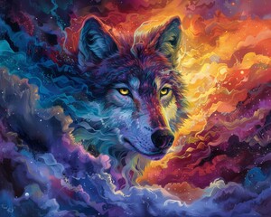 Wall Mural - A vibrant and colourful painting of a mystical wolf with a majestic aura, its eyes glowing with a fierce and intense stare, set in a detailed fantasy landscape with dynamic and contrasting tones
