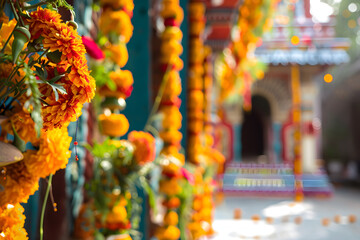 Marigold garlands draping along the house's exterior, Day of the Dead, blurred background