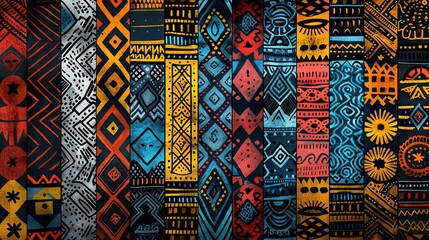 Material Culture pattern with African old national tradition patterns of over the world to one unique pattern, different forms and one color scheme, black background 