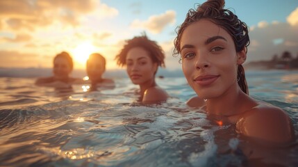 A diverse group of friends smiles warmly while submerged in ocean water at sunset, highlighting unity and joy