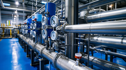 large industrial water treatment room shiny steel metal pipes blue pumps and valves, biotechnology, 