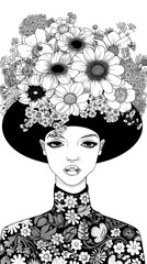 Canvas Print - Portrait of a woman in a black hat decorated with a floral arrangement in black and white.