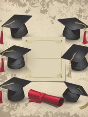 Wall Mural - Elegant Graduation Ceremony Invitation Template Featuring Caps, Diplomas, and Ornate Background for Academic Celebrations