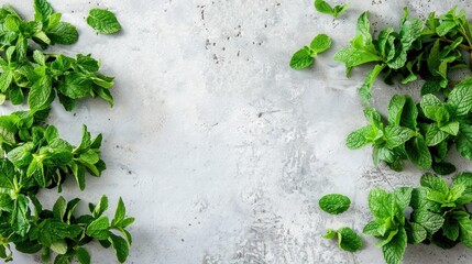 Poster - Fresh mint herbs arranged on one side of a white table with empty space in an overhead shot