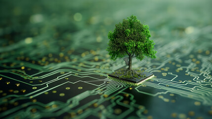 Wall Mural - Trees grow with innovative microcircuit boards green computer Green technology. 3D illustration of a computer chip over a code background with leaves and binary code.