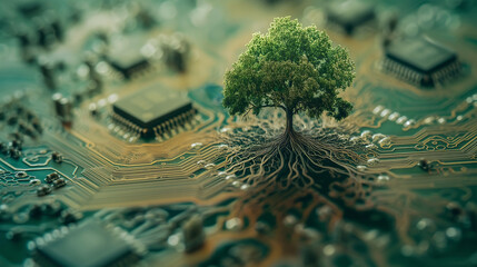 Trees grow with innovative microcircuit boards green computer Green technology. 3D illustration of a computer chip over a code background with leaves and binary code.