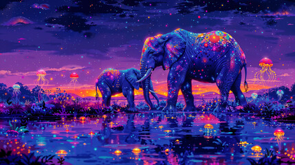 Poster - AI generated illustration of elephants wading in water with jellyfish around them