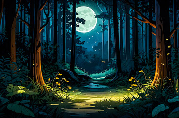 A dense forest bathed in soft moonlight, with shadows creating intricate patterns on the forest floor and fireflies vector art illustration generative AI.
