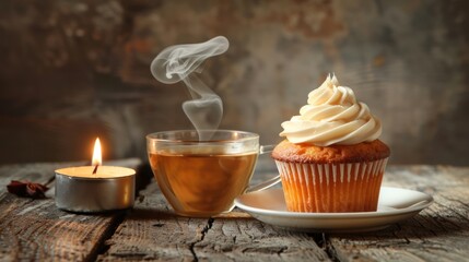 Wall Mural - A cup of tea and a cupcake on a wooden table, bathed in warm candle light.