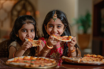 two indian little girls eating pizza at home