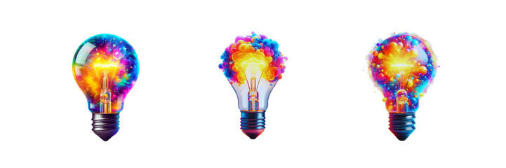 Set of colorful glowing idea bulb lamp, isolated over on transparent white background