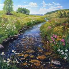 Canvas Print - A painting of a river with a field of flowers on either side