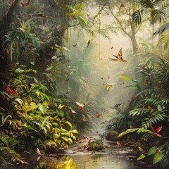 Poster - A painting of a jungle with many butterflies flying around