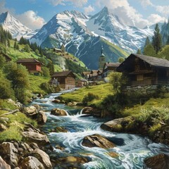 Wall Mural - A painting of a mountain valley with a river running through it