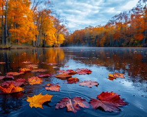 Vibrant autumn leaves floating on serene lake surrounded by colorful trees under a cloudy sky, reflecting the beauty of fall season.