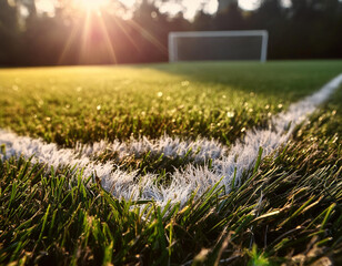 Soccer play field ground lines on sunny grass background.