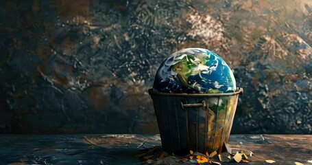 Wall Mural - Earth placed in a recycle bin, illustrating the worldwide push for recycling and sustainability Carbon footprint reduction