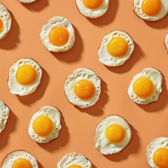 Pattern of eggs on orange background with one egg in center for food and cooking concept