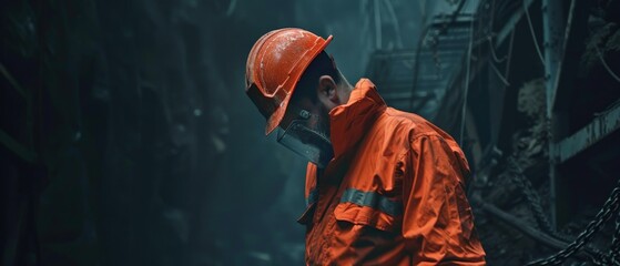 A miner wearing a hard hat and headlamp is working in a dark mine. wear orange.