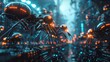 © AKE - Panoramic view of futuristic ant robots in a sprawling technological hive, glowing neon circuits, intricate mechanical details, photorealistic CGI, high contrast lighting