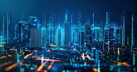 Wall Mural - Futuristic city landscape made of glowing data points and digital lines, representing big data-driven urban planning. Big data visualization