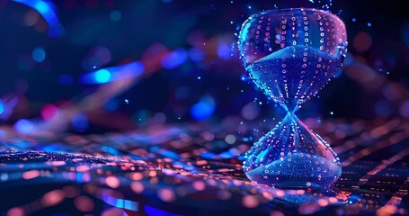 A digital hourglass with sand grains turning into binary code as they fall, symbolizing time's fleeting nature in big data era. Big data visualization