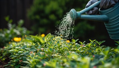 Watering plants in garden with can