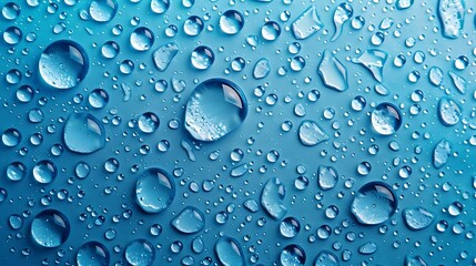 Wall Mural - Full frame of water drops on a vibrant blue background.