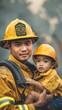 © Denisa - Portrait of asian man firefighter holding little boy on hand