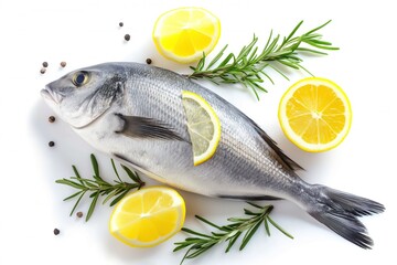 Wall Mural - Fresh raw dorado fish with lemon slices isolated on white background
