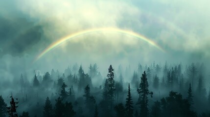 A rainbow arches over a misty forest, blending vibrant colors with the fog, creating a magical spectacle.