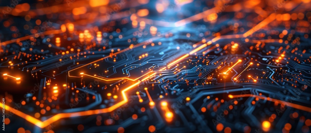 A high-tech background featuring a close-up of a circuit board with ...