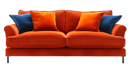 Rich orange velvet sofa with two blue pillows and two orange pillows.